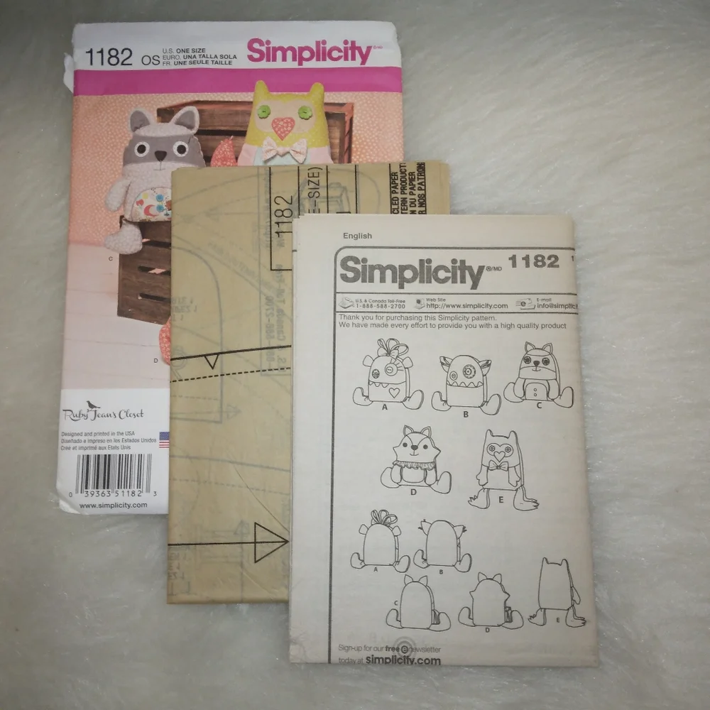 SIMPLICITY 1182 Stuffed Animals and Monsters by Ruby Jean's Closet